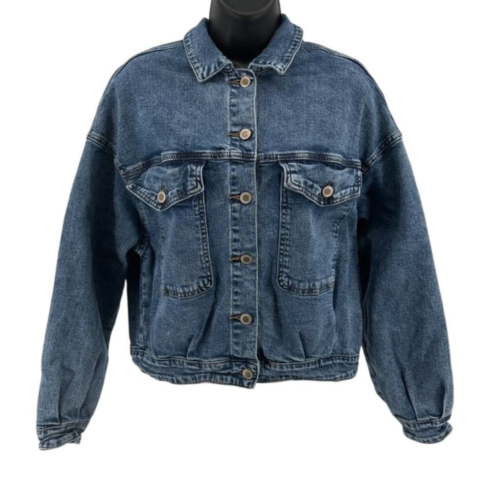 MiSC Jean Jacket SZ M Button Up Denim Medium Wash Collared Stretchy Long Sleeve